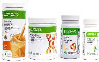 HERBALIFE Super Fast Weight Loss Combo With Formula 1 Nuritional Shake Mix - Orange Cream Flavor + Personalized Protein Powder 200 Gram + Afresh Energy Drink Mix - Ginger Flavor + Cell U Loss Tablets With Corn Silk Extracts For Fat Loss Combo