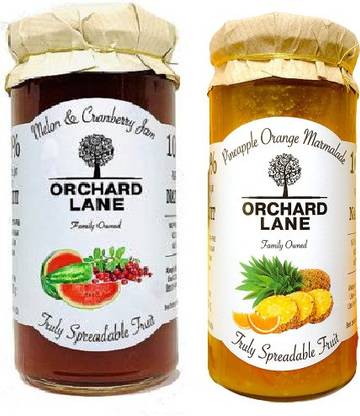 Orchard Lane Combo Pack - Melon Cranberry Jam + Pineapple Orange Marmalade Combo - 280 gm Each, No Preservatives, No Colours, 80% Fruit Content high Fruit jams