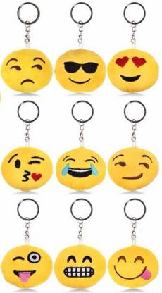WHITE POPCORN Round Emoji Face Plush Soft Cushion Fluffy Smiley Keyrings & Keychains (Pack of 12) Key Chain