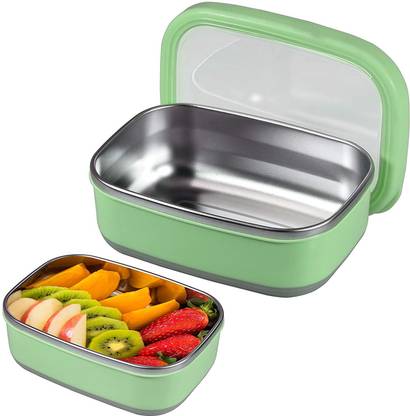 WISHKEY 900 ML Stainless Steel Rectangular Shape Stylish Anti-Skid Lunch Box with Transparent Lid (Green) 1 Containers Lunch Box
