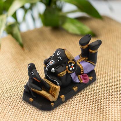 ExclusiveLane Terracotta Hand-Crafted Black Reading Ganesha Decorative Showpiece  -  5.6 cm