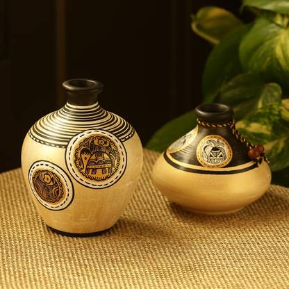 ExclusiveLane Combo of 2 Madubani Art Handpainted Matki Shaped Terracotta Vase