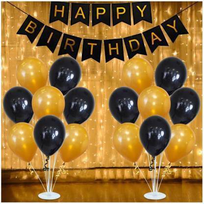 Hemito Happy Birthday Decoration Kit Combo 32 Pcs for Black and Golden Metallic Premium Balloon with Black Paper Happy Birthday Letter Star with String LED Light for Kids boy Girl Adults 40th 50th 60th Theme Décor/Happy Birthday Decoration Items Set