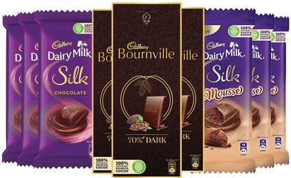 Cadbury Dairy Milk Silk Plain Chocolate Bar 150 g (Pack of 3) + Dairy Milk Silk Mousse Chocolate Bar 116 g (Pack of 3) Bars + Bournville 70% Dark Bars 80g (Pack of 3) Total (Pack of 9) Bars