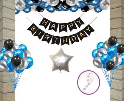 Agk Happy Birthday Printed Letter Banner - Black | 30 Pcs Blue, Silver and Black Metallic Balloons | 1 Pcs Silver Star Foil Balloons | 1 Pcs Glue Dots Roll (Combo Of 33 Pcs Birthday Decoration & Balloons)