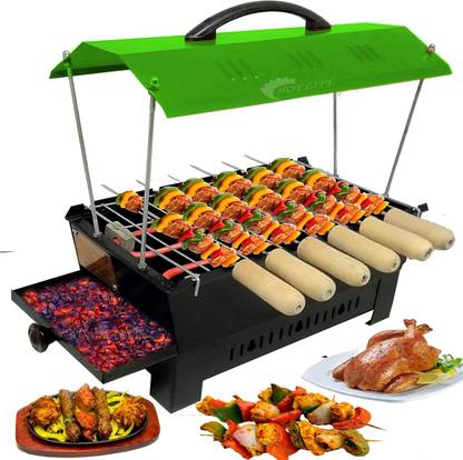 HOT LIFE Green Hut Shape 2-in-1 Multi Purpose Electric & Charcoal Brbeque BBQ-50325 Grill & Tandoor with 6 Skewers Wooden Handle Electric Grill Electric Tandoor