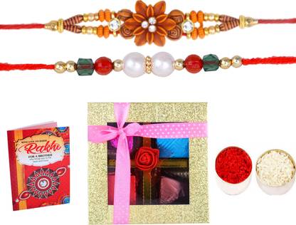 MANTOUSS Rakhi with Chocolate for Brother/Set of 2 Rakhi for Brother with Gift/Rakhi for Brother with Chocolate-2 Rakhi for Brother+Box of Chocolate+Roli, Chawal+Rakshabandhan Greeting Card Cotton, Plastic, Paper Gift Box