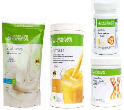 HERBALIFE Weight Loss Extra Delicious Combo With ( Formula 1 Nutritional Shake Mix - Mango Flavor + Personalized Protein Powder 200 Gram + Afresh Energy Drink Mix - Lemon Flavor + Shake Mate Milk Powder - Vanilla Flavor ) Combo