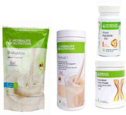 HERBALIFE Weight Loss Extra Delicious Combo With ( Formula 1 Nutritional Shake Mix - Vanilla Flavor + Personalized Protein Powder 200 Gram + Afresh Energy Drink Mix - Peach Flavor + Shake Mate Milk Powder - Vanilla Flavor ) Combo