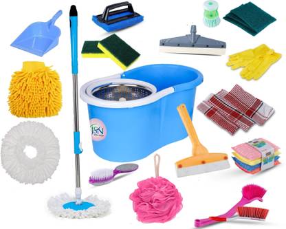 JSN Easy Magic Spin Floor Mop 360 Degree Bucket Mop with Steel Spinner 2 Refill Mop Combo Pack With 15 Item Home Cleaning Mop