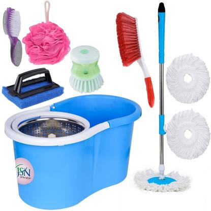 JSN Easy Magic Spin Floor Mop 360 Degree Bucket Mop with Steel Spinner 3 Refill Mop Combo Cleaning Brush, Cleaning Wipe, Mop Refill, Mop, Bucket, Mop Set