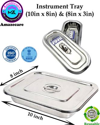 AMAZECARE Medical Reusable Instrument Tray Set Of 2 (10”inch x 8”inch) & (8”inch x 3”inch) with lid Made From Heavy Stainless Steel Reusable Medical Tray
