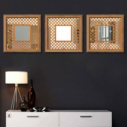 Painting Mantra Engineered Block Design Shape Set of 3 (13x13 Inch) Brown Decorative Mirror