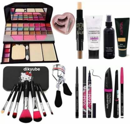 Dikyube 7pcs makeup brush set with Tya makeup kit 3D contour strick, primer, fixer, high quality foundation, kajal, waterproof 36H Sketch eyeliner and 3in1 combo set eyelashes curler and eyelashes with glue ( pack of 19 item )