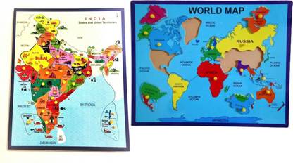 DgCrayons Wooden Large Geographical India Map And World Map (Set of 2 Map) Jigsaw Puzzle with Knobs for Knowledge & Educational Aids, Board Game Best Gift for Kids and Home Office Décor