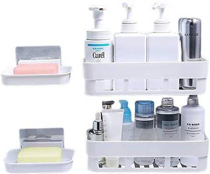 Qrex Pack Of 4 ABS Plastic Multipurpose Home Kitchen Bathroom Accessories Traceless Wall Shelves Decor Items Storage Soap Box Stand Shower Caddy Rack Shelf with Strong Adhesive Magic Sticker (2 Bathroom Shelves + 2 Soap Box,Multi Colour)
