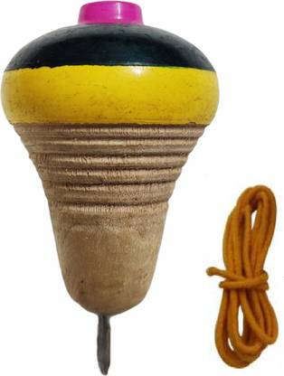 D'Mega Mart One PC Traditional Wooden Desi set of Two Spinning Tops with strings Lattoo
