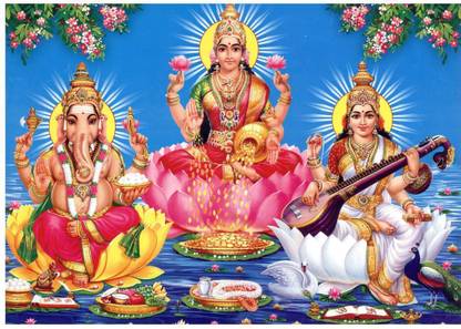 Az decals 25.4 cm Goddess Laxmi Saraswati with Lord Ganesha Ganpati Wall Sticker Self Adhesive Sticker