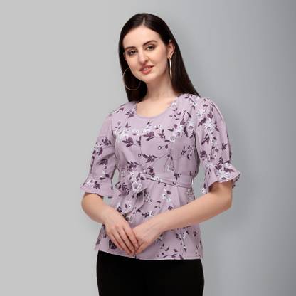 Casual Floral Print Women Purple Top