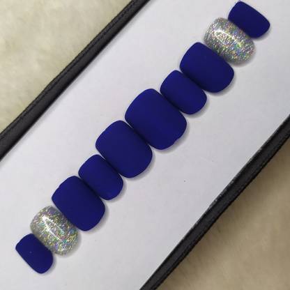The NailzStation Matte Blue Holographic Silver Glitter Fake Nails / Artificial Nails/ Press on Gel Nails in Square with free nail application kit Blue