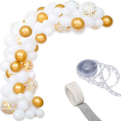 Bash N Splash Solid White & Golden Garland Party Decoration Pack With confetti balloon with Arch Strip & Glue Dots(Pack of 112) Balloon