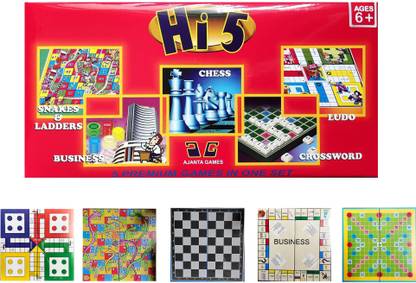 Ajanta Games Hi-5 , five premium games combo in one set ( Snakes & ladders+ Business+ Chess+ Crossword Scrabble+ Ludo) Word Games