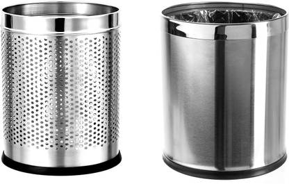 Mofna Open Dustbin Combo, Perforated and Plain Solid Bin (7''X10'' 6 Liter) Stainless Steel, Plastic Dustbin