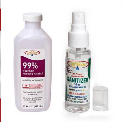 Sofskin Rubbing Alcohol (Sanitizer) USA Brand 99% Pure & Safe Iso Propyl Alcohol - 355 ml Combo with 30 ml Spray Bottle Hand Sanitizer Bottle