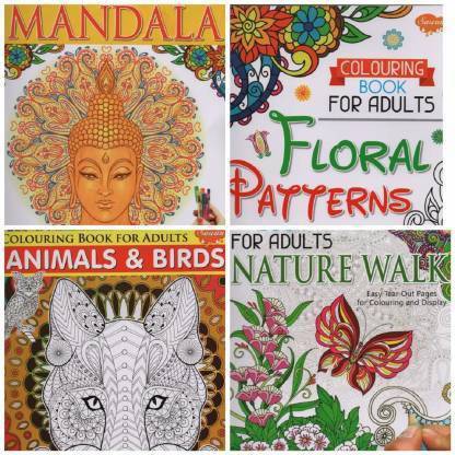 Colouring Books for Adults with Easy Tear Out Pages for Colouring and Display- NATURE WALK, ANIMALS & BIRDS, MANDALA, FLORAL PATTERNS | Anti-stress Art Therapy for Busy People | Set of 4 Books
