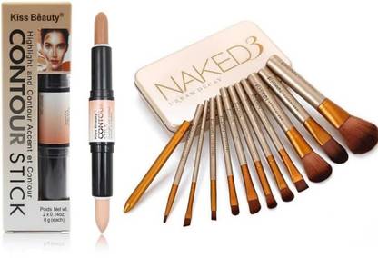 Kiss Beauty Highlighter and Contour Stick Highlighter (cream) & Nakd 3 Professional Makeup Brush Set Of 12