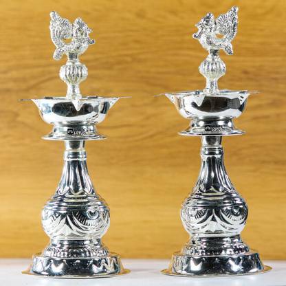 WHITE LOTUS Silver Plated (Pack of 2) Table Diya Set