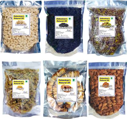 Debankan's Natural DF Combo Pack (6 x 100 gm Pack ) Almonds, Black Raisin,Figs, Pistachios, Raisins, Cashews (6 x 100 g) Pistachios, Cashews, Raisins, Figs, Almonds, Raisins