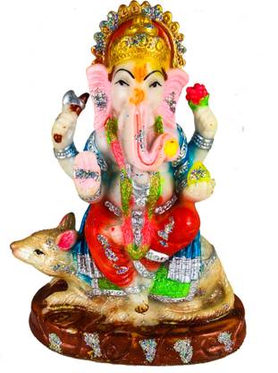 Elegant Lifestyle Ganpati Bappa with mushak Idol Ganesh with rat Gannu Bhagwan Decorative Showpiece  -  13 cm