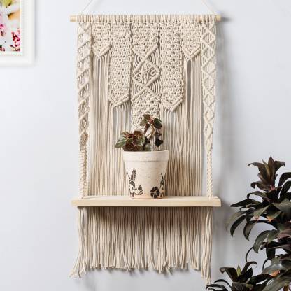 Decazone Macrame Wall Hanging Shelf Boho Style With Floating Wood Bohemian Handmade Decor - Boho Style Wall Decor