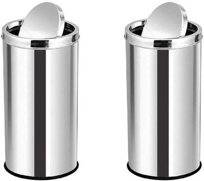 Mofna Stainless Steel Swing Dust Bin, Garbage Bin Trash can with Removable lid Round Shape 14'' Diameter x 28'' Height-80-liter Silver Color (Set of 2) Slim and Fingerprint-Proof Finish Stainless Steel Dustbin