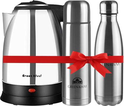GREEN KIVVI MO-18-SS Stainless Steel Electric Kettle & Boiler With 1PC 500mL Bullet Flask And 1PC 500mL Vacuum Insulated Water Bottle ; High Quality Electric Kettle