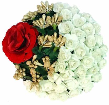 VinshBond Full Red Hair Artificial Flower Gajra Bun Hair Flower Gajra Hair Accessories, Red & White, Pack of 1 Bun