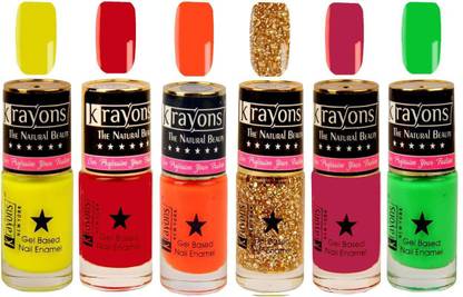 KRAYONS Gel Base Glossy Effect Nail Polish (SCARLET RED,SHIMMER GOLDEN,NEON ORANGE,SIGNAL RED,NEON YELLOW,NEON GREEN) Shimmer Golden, Neon Orange, Signal Red, Scarlet Red, Neon Yellow, Neon Green
