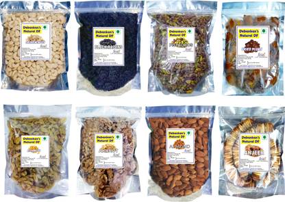 Debankan's Natural DF Combo Pack (8 x 100 gm Pack ) Almonds, Black Raisin,Figs, Pistachios, Raisins, Cashews,Prunes(Alu Bukhara), Walnuts(Akhrot) Cashews, Raisins, Pistachios, Prunes, Raisins, Walnuts, Almonds, Figs