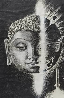 Mane Art Gallery Buddha B11 Charcoal Sketch Original Painting on Paper Charcoal 18 inch x 12 inch Painting