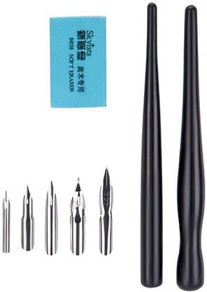 Definite Art Skyists Lacquered 2 X Wooden Handle Calligraphy Comic Tool Pen with 5 Nibs and 1 Eraser Calligraphy