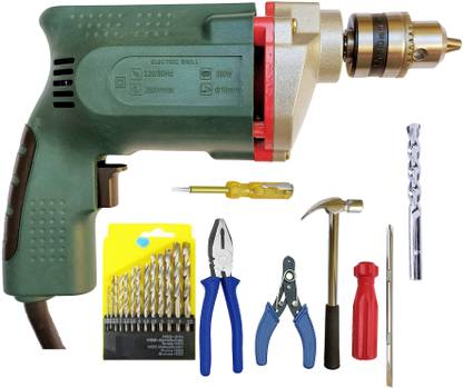 Qualigen Heavy Duty 10mm Electric Drill Machine with 13pc hss Plier Wire Cutter Tester Screwdriver Hammer Masonry bit Set and In The Box Electric Drill Machine with 13pc hss , Plier, Wire Cutter ,Tester , Screwdriver, Hammer and Masonry bit Set Heavy Duty 10mm Electric Drill Machine Pistol Grip Drill