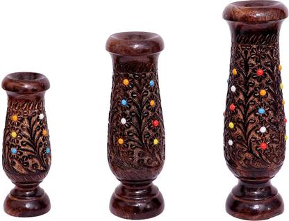 LKDS Wooden Sheesham Flower Pot Set of 3 Pcs/ Vase Stand Designing of Carving Wooden Vase