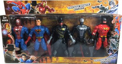 फ्लाई मार्ट Avengers Super Heros 5 in 1 set with LED light on chest (in all 5 Characters) & all Joints Movable (All Characters) | Spiderman | Superman | Zorro | Batman | black spider man| Sword that can be place on any character | Large Size Characters with 17 cms height