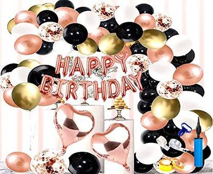 SV Traders Solid Happy Birthday Decoration Royal Rose Gold Golden Theme Combo Kit Of 85 Pcs-Rose Gold Foil HBD(13)+Rose Gold Foil 18 Inches Heart(2)+Rose Gold Confetti Balloons(5)+Metallic HD Balloons Rose Gold(20)+Golden(20)+Black(10)+White(10)+Balloon Pump(1)+Balloon Glue Dots 100(1)+Balloon Garland Arch(1)+Balloon Tying Knot(1)+Balloon Curling Ribbon(1) Balloon