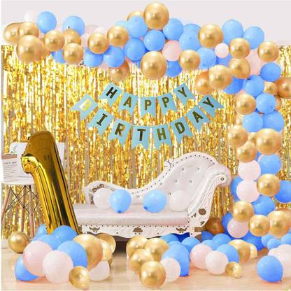 FANEX Solid Blue Happy Birthday Decoration Combo - 104Pcs Set (1 Birthday Banner, 100 Balloons,2 Foil Curtains,1 Foil Number Balloon) For Prince Boy Birthday Party Decoration ,Happy Birthday Balloons for Party Decoration , Baby 1st birthday Balloon