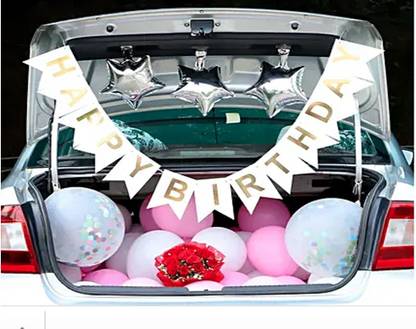 SOI Solid Car Dikki Boot Happy Birthday Balloons decoration Kit Banner With Metallic confetti and Foil balloons Balloon
