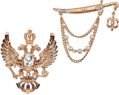 Aarohi Combo of Vintage Double-headed Gold Plated White Crystal Eagle Retro Wings Crown & Sword Knife Pearl Chain Brooch Pin for Mens & Boys ACM-117 Brooch