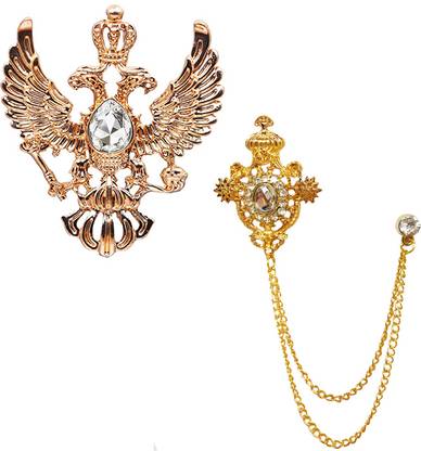 Aarohi Combo Of Gold Plated Double-headed White Eagle Retro Wings Crown & Rhinestone Crystal Crown Blazer Suit Brooch Pin for Men & Boys ACM-121 Brooch