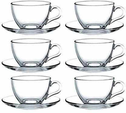 MOOZICO Pack of 12 Glass Pack of 12 Glass Glass Best Quality Designer Tea and Coffee Cup Mugs 6 cup 6 saucer clear (Clear)/Pack of 6 Glass Transparent Glass Cup Tea and Saucer & Coffee (6 cup and 6 saucer set)